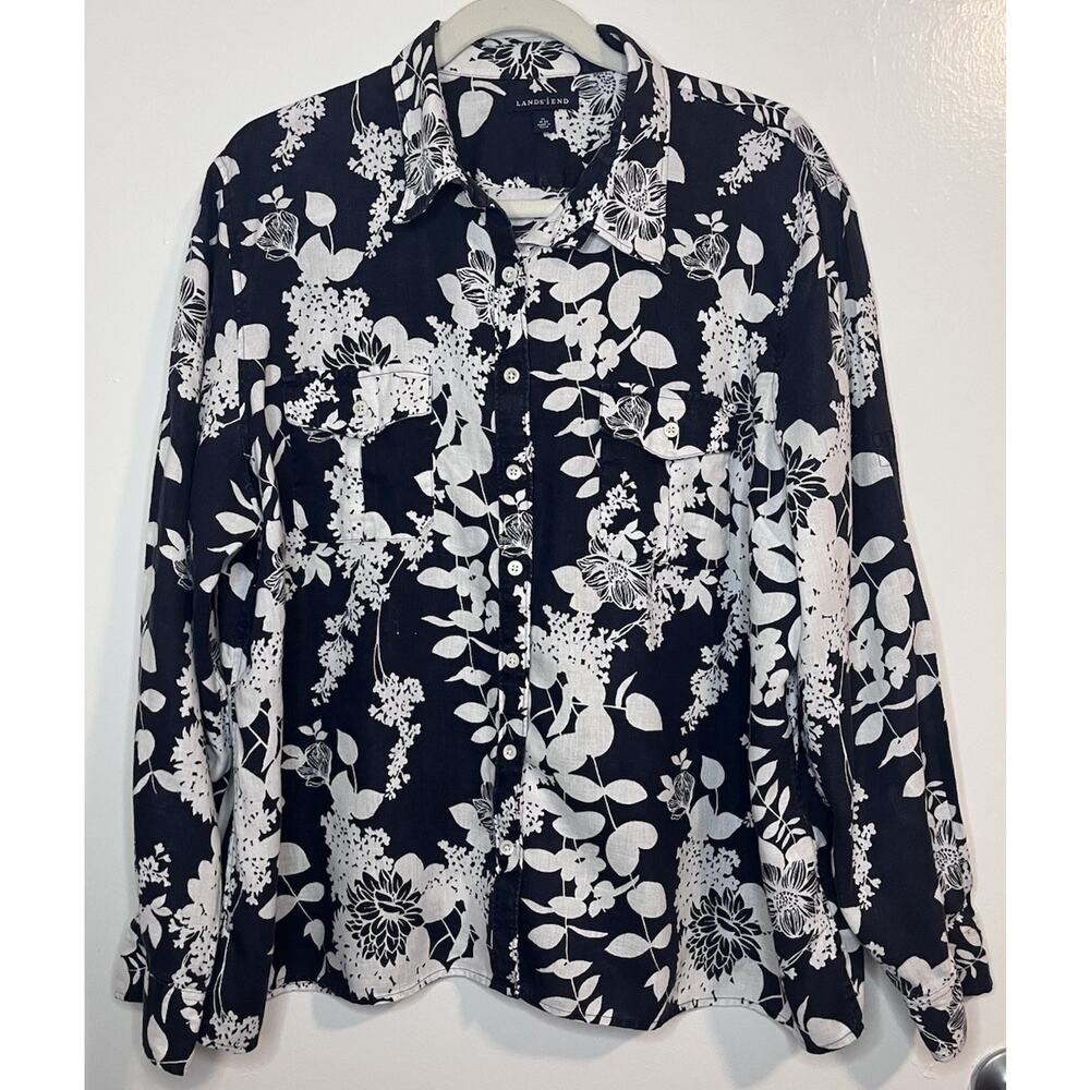 Land’s End Women’s Linen Shirt Navy White Tropical Button Up Size XL